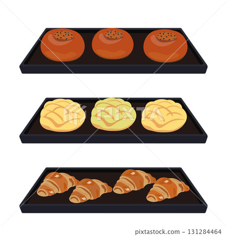烤盤上的紅豆麵包、蜜瓜麵包和羊角麵包的向量插圖 131284464