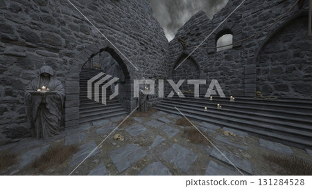 庭院裡有一尊尼姑雕像 131284528