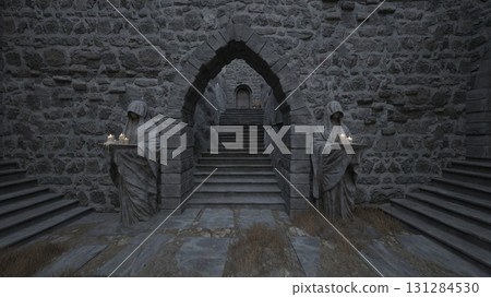 Courtyard with statue of a nun 131284530