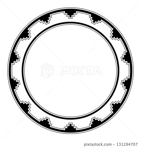 Circle frame with stepped pattern. Decorative border with seamless repeated staircase-like motif, similar to step pyramids, battlements or gears, as it was used in the art of Native American tribes. 131284707