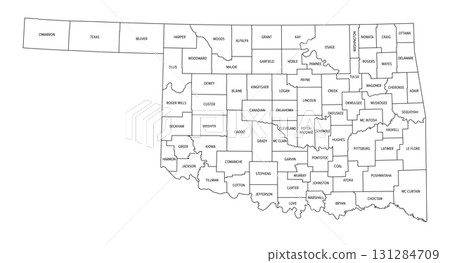 State of Oklahoma, divided into 77 counties, outline map. State in the South Central and Southwestern region of the United States, nicknamed Native America, Land of the Red Man, and Sooner State. State of Oklahoma, divided into 77 counties, outline map. State in the South Central and Southwestern region of the United States, nicknamed Native America, Land of the Red Man, and Sooner State. 131284709