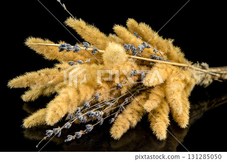 Rustic Dried Grass and Lavender Bouquet on Black 131285050