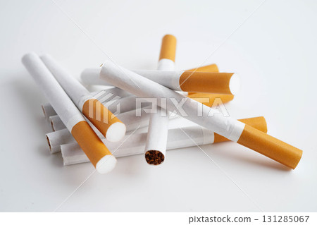 Cigarette, roll tobacco in paper with filter tube, No smoking. 131285067