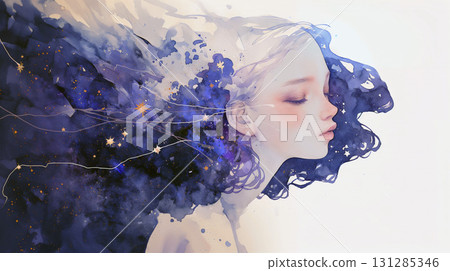 Starry sky and profile of a beautiful woman 131285346
