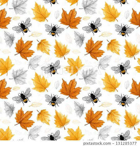 Bee Autumn Leaves Seamless Pattern in High Contrast Pastel Tones on Pure White Background Ideal for Floral and Nature Designs 131285377