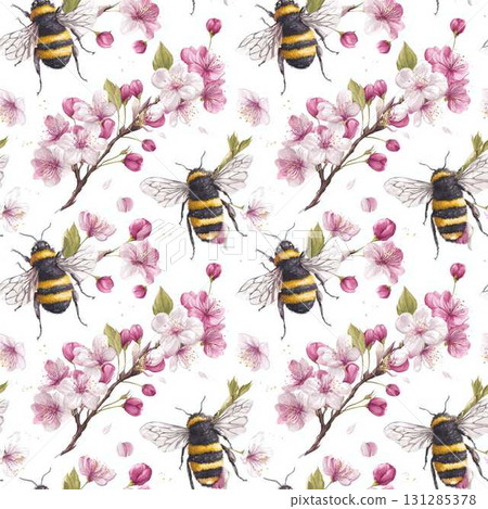 Spring Blossom Bee Seamless Pattern in High Contrast Pastel Colors on Pure White Background Comic Style Design 131285378