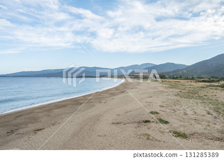Spectacular view Golf at Sagone Corsica France beautyful sand Beach boats mountain village Tourism and vacations concept Spectacular view Golf at Sagone Corsica France beautyful sand Beach boats mountain village Tourism and vacations concept 131285389