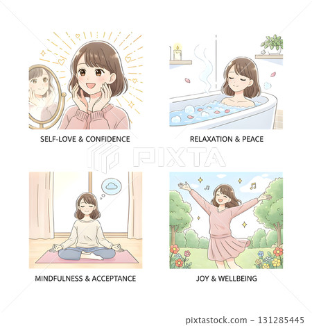 Healthy mentality and self care illustration set. Happy woman feel confident, relax, accept and love herself. Selfcare and acceptance concept. illustration design. 131285445