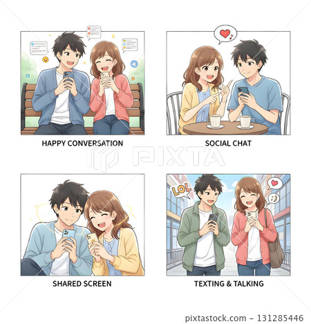 Young People Looking on Smartphones and Chatting. Happy Boys and Girls talking and typing on Phone. Female and Male Characters collection. Flat Cartoon Illustration. 131285446