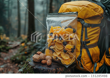 Packing for hiking. Freeze-dried meals. Freeze-dried fruit and nuts in a transparent zip bag on a tree stump next to yellow backpack. Packing for hiking. Freeze-dried meals. Freeze-dried fruit and nuts in a transparent zip bag on a tree stump next to yellow backpack. 131285498