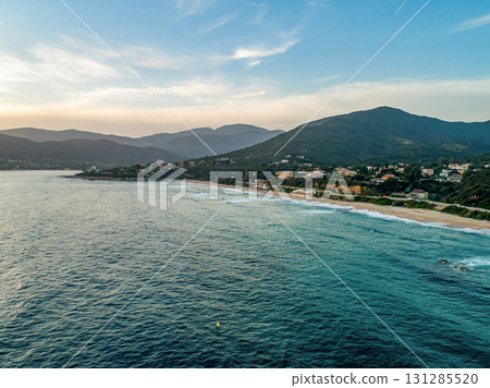 Spectacular view Golf at Sagone Corsica France beautyful sand Beach santana mountain village Tourism vacations concept Spectacular view Golf at Sagone Corsica France beautyful sand Beach santana mountain village Tourism vacations concept 131285520