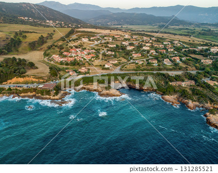 Spectacular view Golf at Sagone Corsica France beautyful sand Beach santana mountain village Tourism vacations concept 131285521