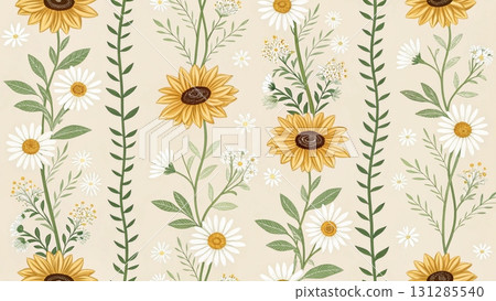 seamless pattern of stylized flowers arranged in vertical stripes background  131285540