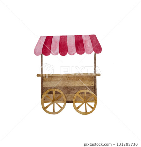 Watercolor pink striped cart. Wooden cart with pink striped awning isolated on white background. 131285730