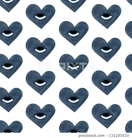 Watercolor blue heart seamless pattern. Stylized blue hearts with eyes on white background. 131285810