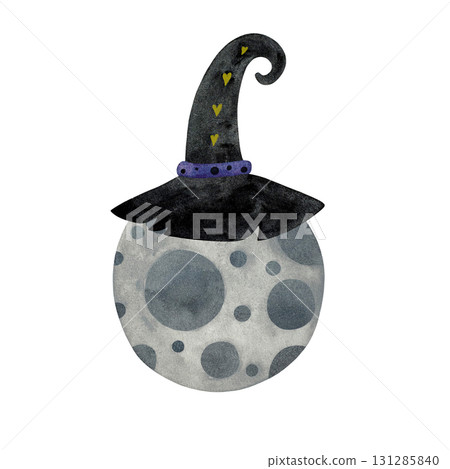 Watercolor witch moon. Full moon with black purple witch hat isolated on white. Watercolor witch moon. Full moon with black purple witch hat isolated on white. 131285840