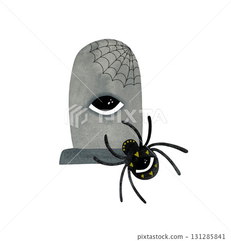 Watercolor spooky graveyard. Tombstone with eye and web, black spider isolated on white background. 131285841