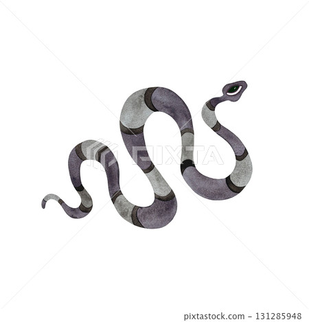 Watercolor lilac striped snake. Stylized lilac striped snake with eye isolated on white background. Watercolor lilac striped snake. Stylized lilac striped snake with eye isolated on white background. 131285948