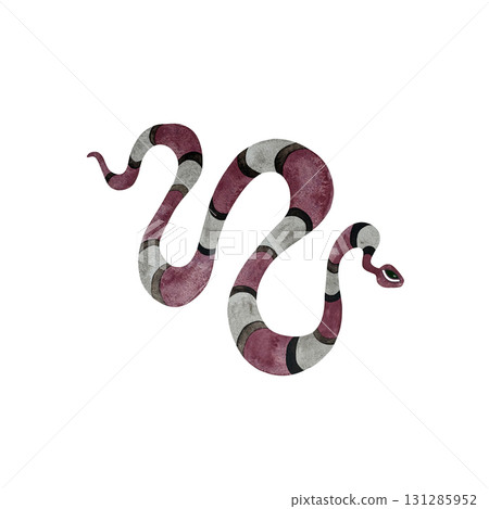 Watercolor pink striped snake. Stylized pink striped snake with eye isolated on white background. Watercolor pink striped snake. Stylized pink striped snake with eye isolated on white background. 131285952