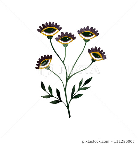 Watercolor magic forest flowers. Stylized forest flowers with eyes isolated on white background. Watercolor magic forest flowers. Stylized forest flowers with eyes isolated on white background. 131286005