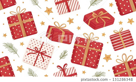 Seamless pattern of cute red christmas gift boxes background  131286348
