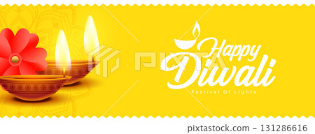 happy diwali event yellow wallpaper with realistic diya 131286616