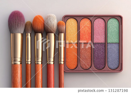Glitter cosmetics. Flat lay of makeup brush placed next to a color palette on white background. Glitter cosmetics. Flat lay of makeup brush placed next to a color palette on white background. 131287198