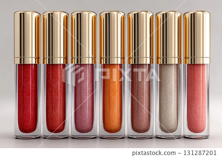 Commercial use. Glossy liquid lipstick tubes in various shades arranged in a gradient on white background. Makeup mockup. Commercial use. Glossy liquid lipstick tubes in various shades arranged in a gradient on white background. Makeup mockup. 131287201