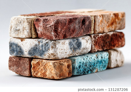 Ceramic bricks. Stacked bricks with a trowel and mortar. Close-up. Textured and ready for construction. Ceramic bricks. Stacked bricks with a trowel and mortar. Close-up. Textured and ready for construction. 131287206