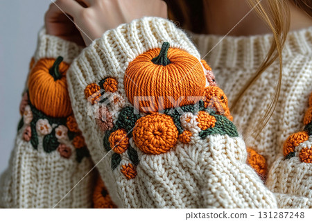Lighting. Cozy Setup. Crochet details of pumpkin pattern on a modern garment. Autumn atmosphere in clothes. Trending in fashion. Lighting. Cozy Setup. Crochet details of pumpkin pattern on a modern garment. Autumn atmosphere in clothes. Trending in fashion. 131287248