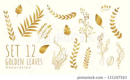 premium set of golden leaves banner in modern style 131287583