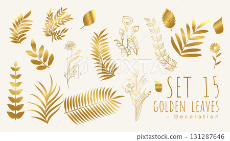 realsitic golden leaves invitation card template in set 131287646