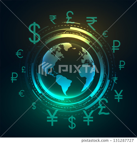 set of global digital currency sign background with circuit diagram 131287727
