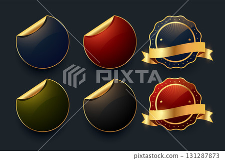 sticker style circular golden badge element banner in set 131287873