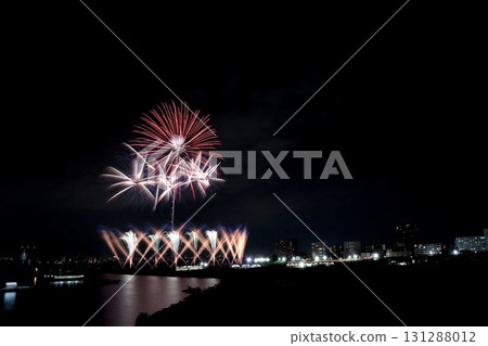 City buildings and fireworks City buildings and fireworks 131288012