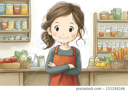 美優系列：美優換上圍裙，在超市後方準備店鋪 131288166