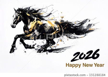 2026 年馬年,美麗奔跑的黑馬,酷炫的賽馬,新年卡片插圖 2026 年馬年,美麗奔跑的黑馬,酷炫的賽馬,新年卡片插圖 131288184