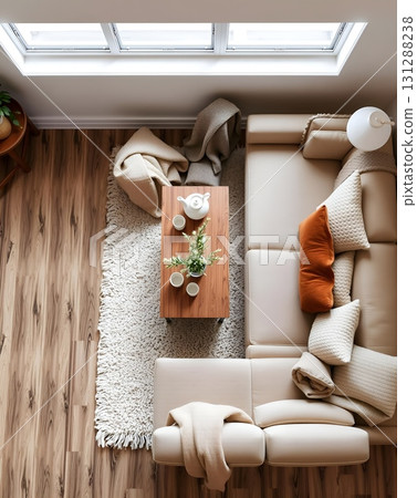 Cozy Minimalist Living Room with Skylight and Warm Tones 131288238
