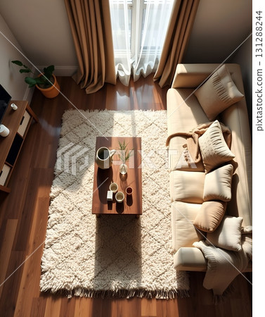 Cozy Living Room with Warm Sunlight and Natural Tones Cozy Living Room with Warm Sunlight and Natural Tones 131288244