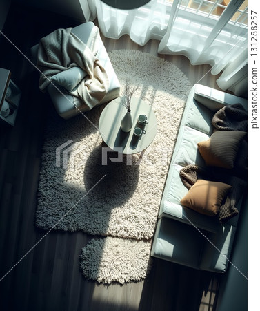 Cozy Living Room Interior with Soft Textures and Natural Light 131288257