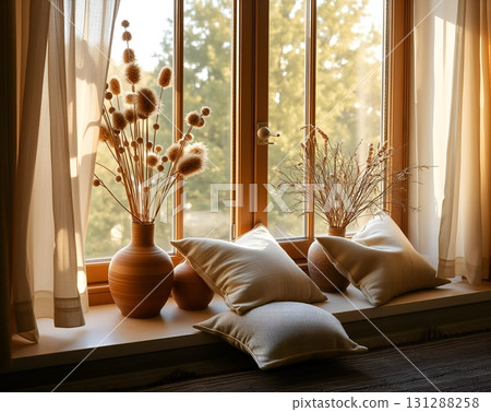 Rustic Window Still Life with Pillows and Dried Floral Accents 131288258