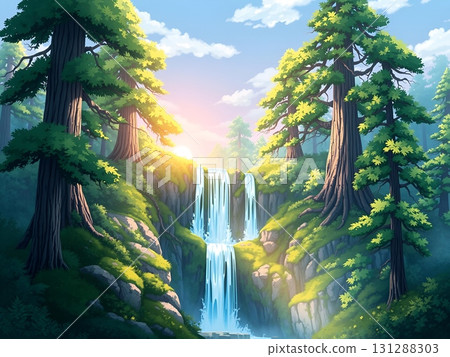 Serene Cascade Amidst Verdant Forest Sunlight Glow 131288303