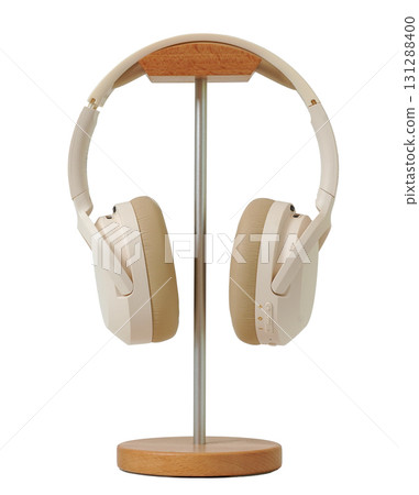 Minimal style white wireless headphone on wooden stand isolated on white background with clipping path Minimal style white wireless headphone on wooden stand isolated on white background with clipping path 131288400