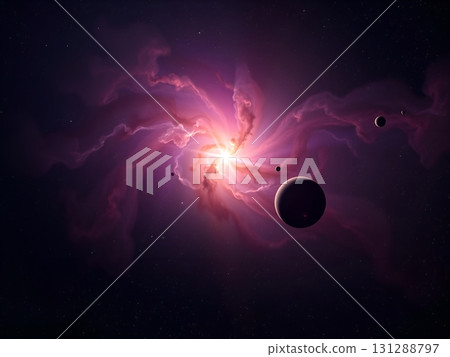 Cosmic Nebula with Planets and Radiant Stellar Core 131288797