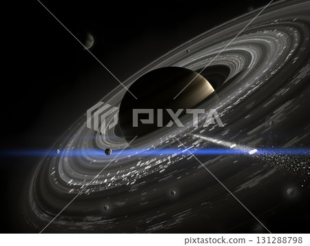 Ringed Planet with Spacecraft and Asteroid Field Encounter 131288798