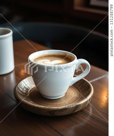 A beautifully crafted latte art in a white mug, resting on a wooden saucer, close-up 131288799