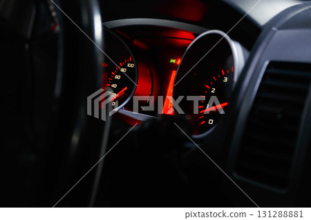 Dashboard Instruments Displaying Various Car And Engine Conditions. 131288881