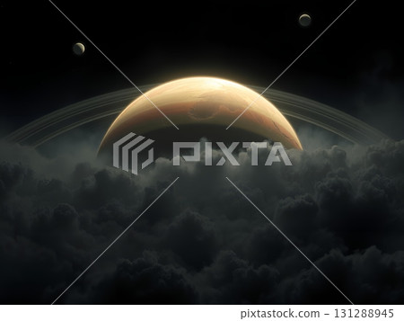 Ringed Gas Giant Above Stormy Cloudscape, Distant Moons 131288945