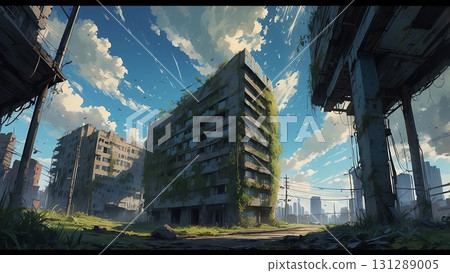 Game background: A ruined, abandoned future city with apartment buildings and houses. 131289005