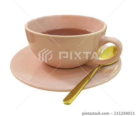 Pink cup of tea with gold teaspoon isolated on white background. 131289013